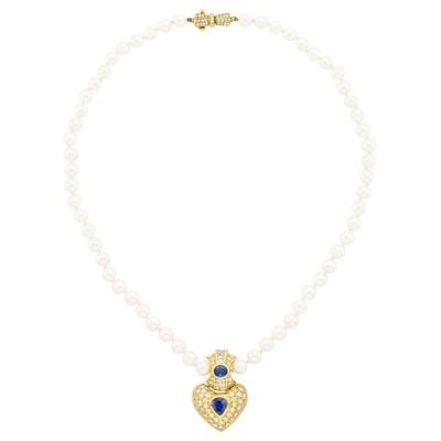 Lot 1025 - Cultured Pearl, Gold, Sapphire and Diamond Pendant Necklace