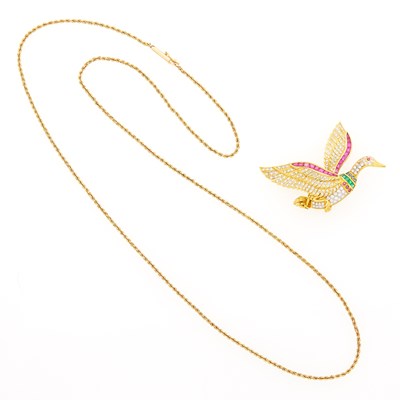 Lot 1218 - Two-Color Gold, Colored Stone and Diamond Goose Brooch with Chain Necklace