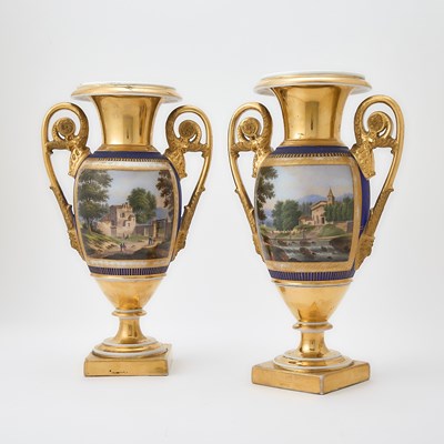 Lot 586 - Pair of Paris Porcelain Gilt and Matte Blue Vases