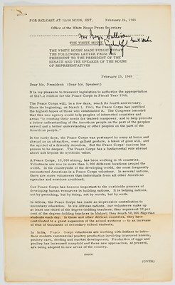 Lot 139 - A letter from the President about the Peace Corps