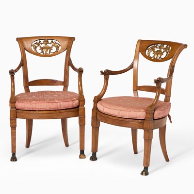 Lot 573 - Pair of Continental Neoclassical Parcel-Gilt Fruitwood Fauteuils