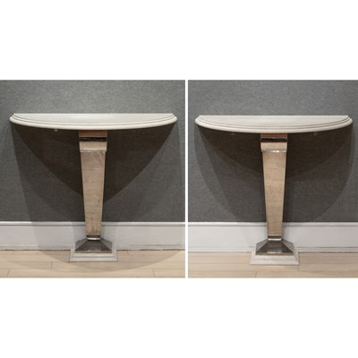 Lot 336 - Pair of Art Deco Style Chrome and Travertine Demilune Consoles