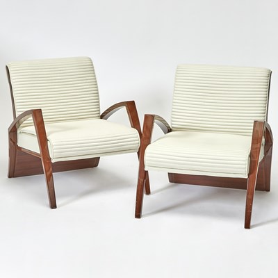Lot 298 - Pair of Art Deco Style Mahogany and Leather Lounge Chairs