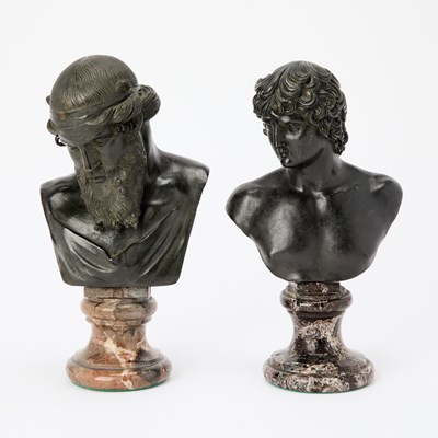 Lot 521 - Two Italian Grand Tour Patinated Bronze Busts of Dionysus and Antinous on Marble Bases