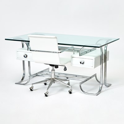 Lot Art Deco Style Chrome, White Leather, and Glass Top Writing Table with chair