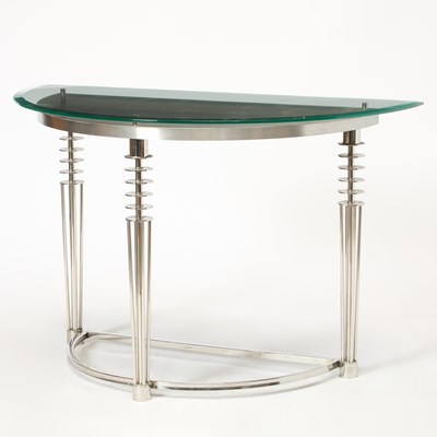 Lot 323 - Chrome and Glass Demilune Console