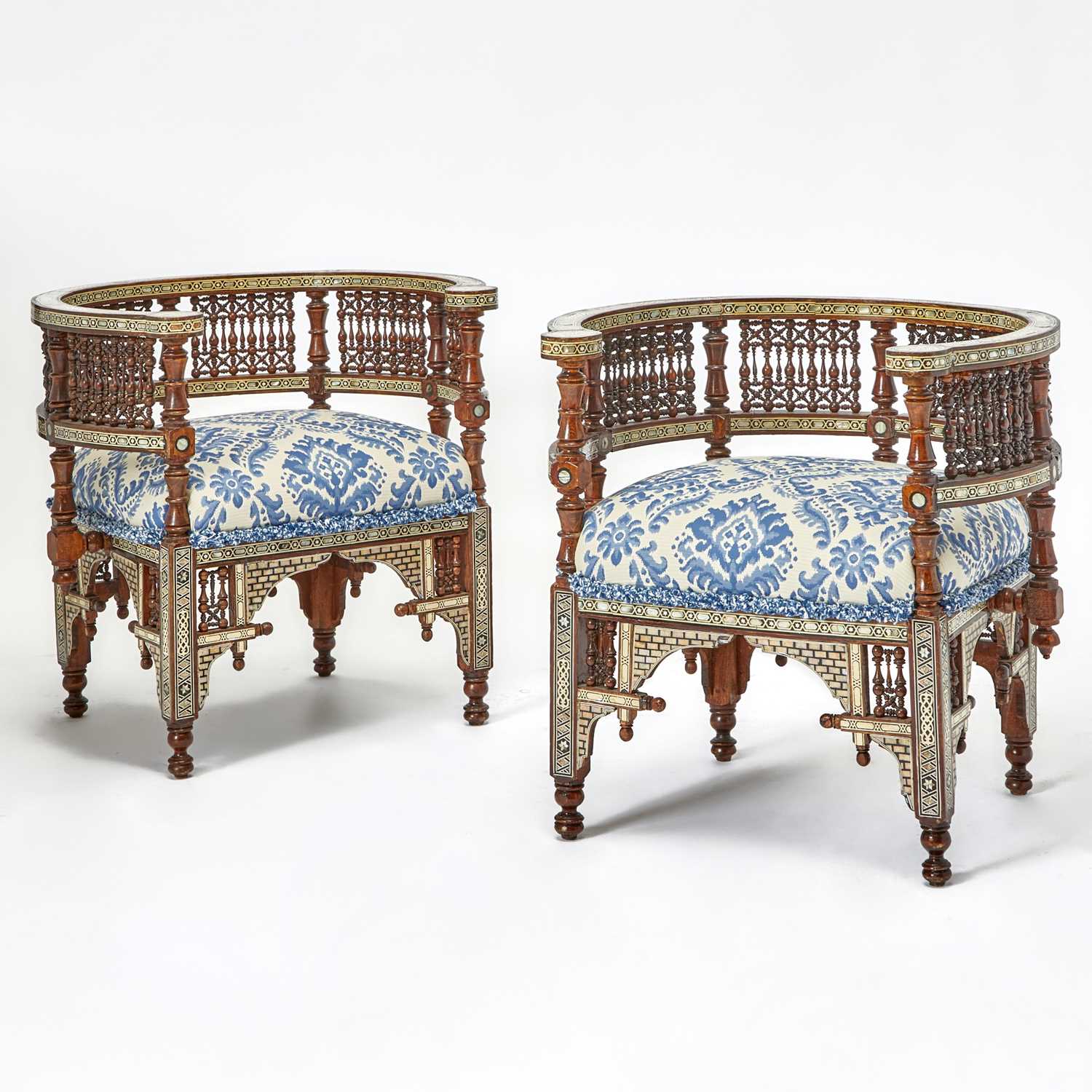 Lot 160 - Pair of Syrian Oak and Mother of Pearl Inlaid Armchairs