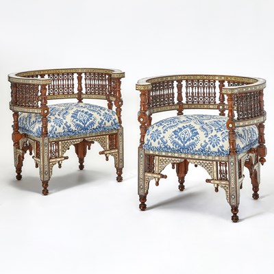 Lot Pair of Syrian Oak and Mother of Pearl Inlaid Armchairs