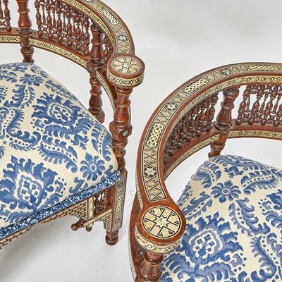 Lot 160 - Pair of Syrian Oak and Mother of Pearl Inlaid Armchairs