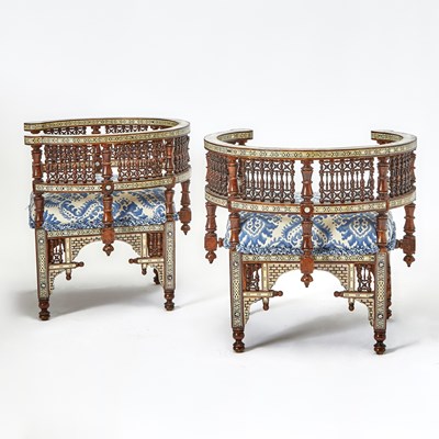 Lot 160 - Pair of Syrian Oak and Mother of Pearl Inlaid Armchairs