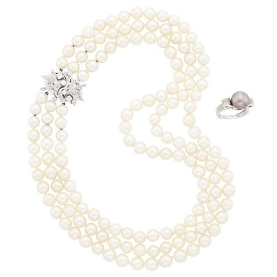 Lot 1131 - Triple Strand Cultured Pearl Necklace with White Gold and Diamond Clasp and Grey Tahitian Cultured Pearl Ring