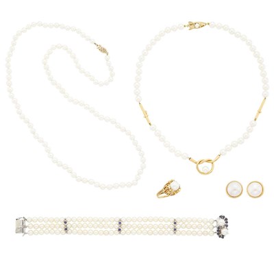Lot 1269 - Group of Gold, White Gold, Cultured Pearl and Diamond Jewelry