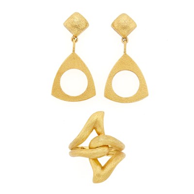 Lot 1228 - Pair of Gold Pendant-Earrings and Henry Dunay Gold Ring