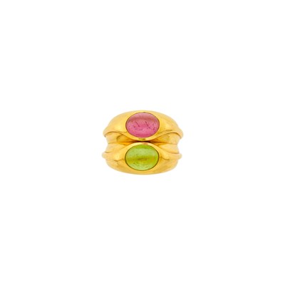 Lot 72 - Bulgari Gold, Cabochon Pink Tourmaline and Peridot Double Band Ring