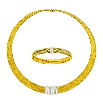 Lot 92 - Roberto Coin Two-Color Gold, Mother-of-Pearl and Diamond Mesh Necklace and Bracelet