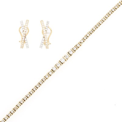 Lot 1233 - Pair of Two-Color Gold and Diamond Earrings and Diamond Bracelet