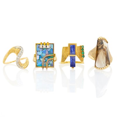 Lot 1281 - Four Gold, Colored Stone and Diamond Abstract Rings