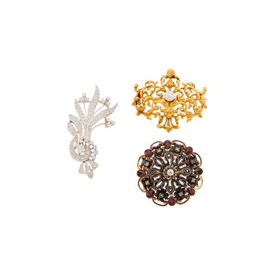 Lot 1251 - Three Gold, White Gold, Silver and Diamond Brooches