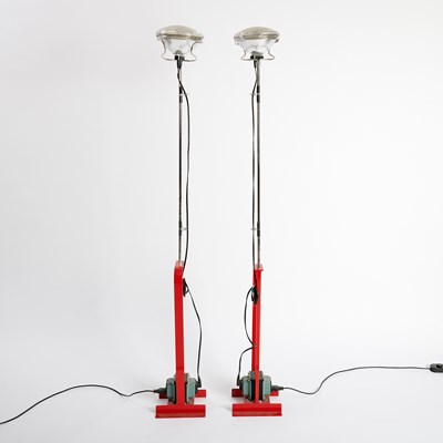 Lot 211 - Pair of Flos Iron, Formed Steel, Nickel-Plated Metal and Red Enamel "Toio" Floor Lamps