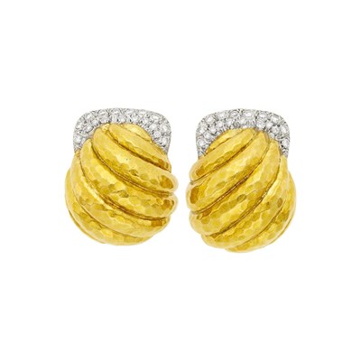 Lot 1159 - Pair of Hammered Gold and Diamond Bombé Earclips
