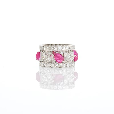 Lot 1123 - Wide Platinum, Carved Synthetic Ruby and Diamond Band Ring