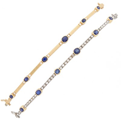 Lot 1075 - Pair of Gold, White Gold, Sapphire and Diamond Bracelets