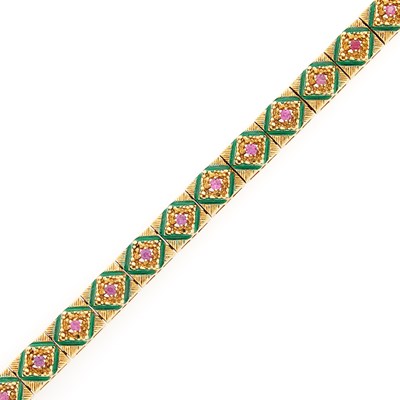 Lot 1089 - Gold, Ruby and Green Enamel Bracelet