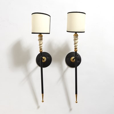 Lot 310 - Pair of French Modernist Gilt, Patinated and Enameled Metal Wall Sconces