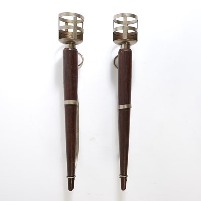 Lot 341 - Pair of Large Pewter Finish Metal and Mahogany Wall-Mounted Torch-Form Lanterns
