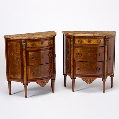 Lot 3152 - Pair of Louis XVI Style Marble Top Kingwood Marquetry Commodes