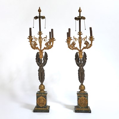 Lot 288 - Pair of Large Empire Style Gilt and Patinated Bronze Five-Light Figural Candelabra