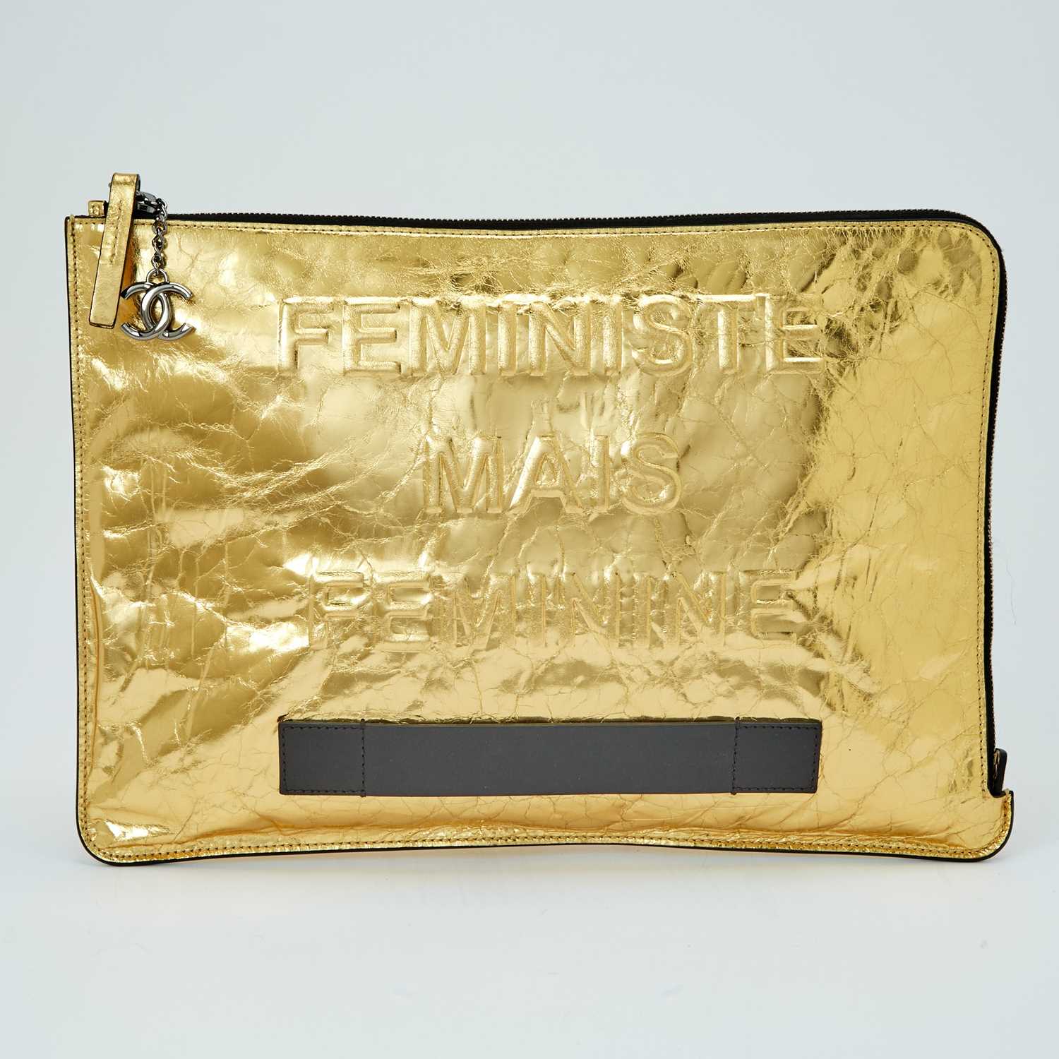 Lot 1251 - Chanel Gold Leather 'Feministe Mais Feminine' Clutch