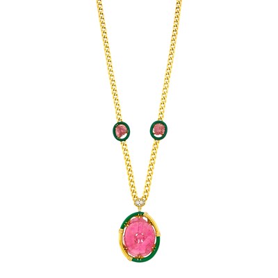 Lot 91 - Bulgari Long Gold, Carved Pink Tourmaline, Green Onyx and Diamond Pendant-Necklace