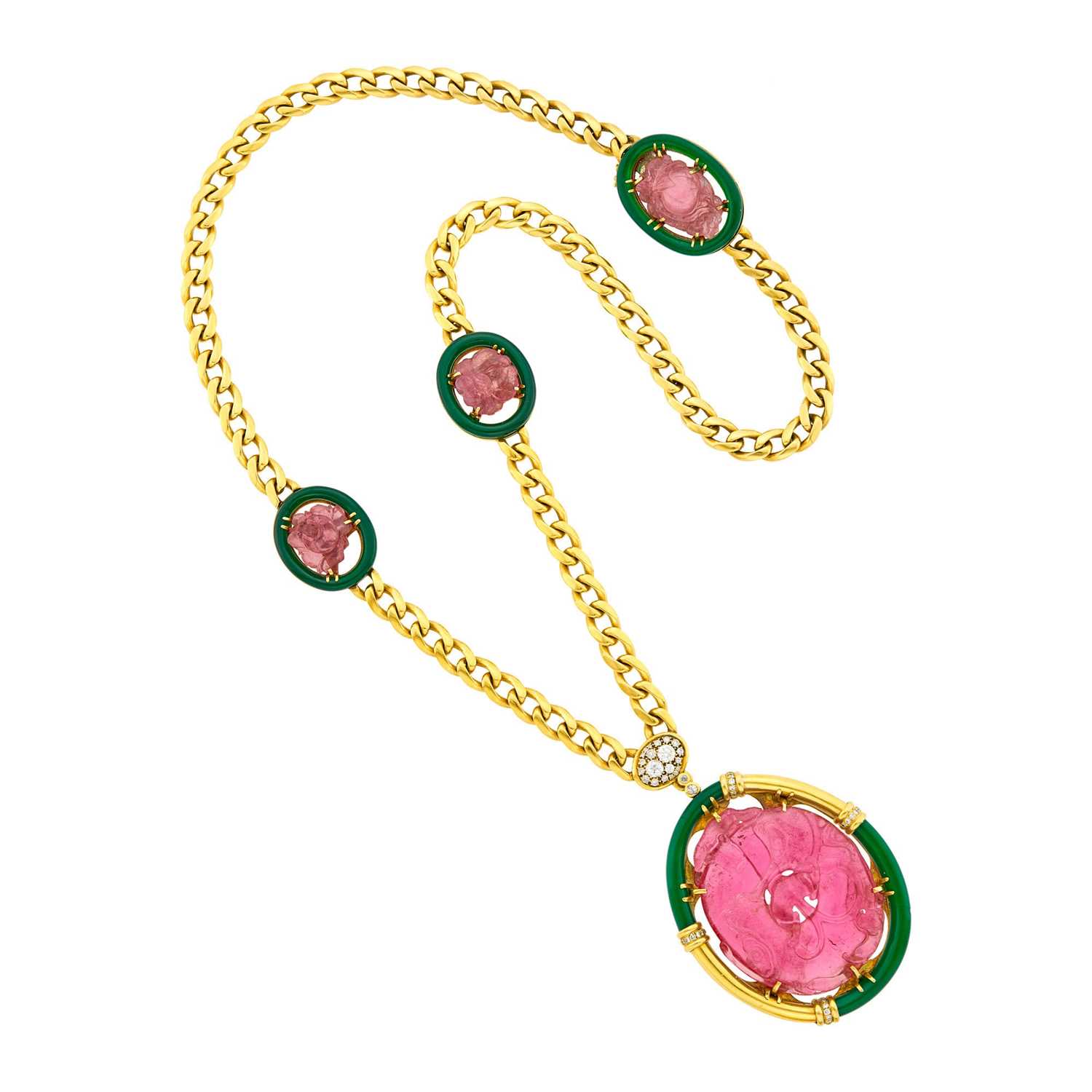 Lot 91 - Bulgari Long Gold, Carved Pink Tourmaline, Green Onyx and Diamond Pendant-Necklace