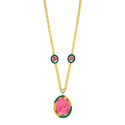 Lot 91 - Bulgari Long Gold, Carved Pink Tourmaline, Green Onyx and Diamond Pendant-Necklace
