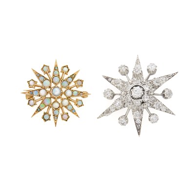 Lot 1278 - Silver, Low Karat Gold, Rhodium and Diamond Starburst Pin and Low Karat Gold and Opal Pendant-Brooch