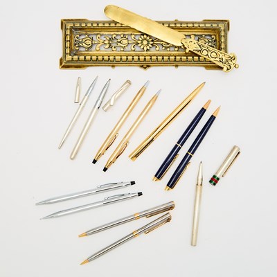 Lot 221 - Group of Pens, Pen and Pencil Sets and Brass Desk Articles