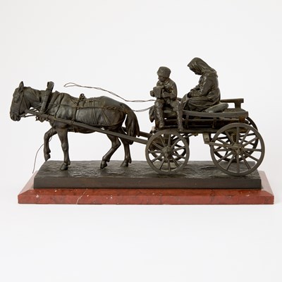 Lot 287 - Russian Bronze Group of a Mother and Child on a Horse-Drawn Wagon