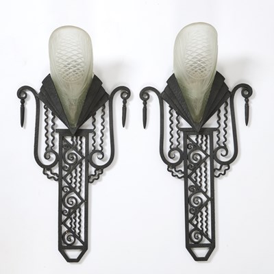Lot Pair of Sabino Art Deco Molded Glass and Wrought Iron "Pine Cone" Two-Light Wall Sconces