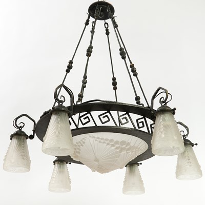 Lot 153 - French Art Deco Wrought Iron and Molded Glass Seven-Light Chandelier
