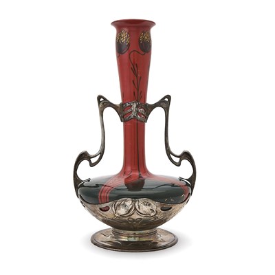 Lot 119 - German Art Nouveau Pewter-Mounted Red and Black Painted Two-Handled Earthenware Vase