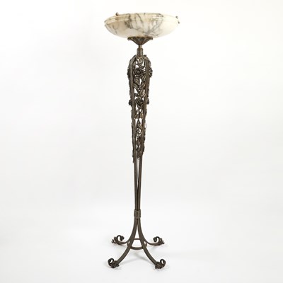 Lot 154 - Art Deco Style Wrought Iron, Patinated Metal and Alabaster Floor Lamp
