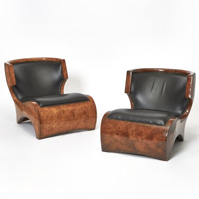 Lot 345 - Pair of Sculptural Thuya Burlwood and Upholstered Side Chairs