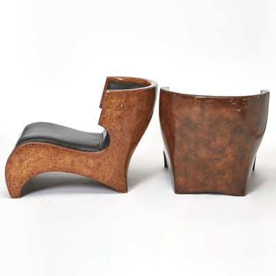 Lot 345 - Pair of Sculptural Thuya Burlwood and Upholstered Side Chairs