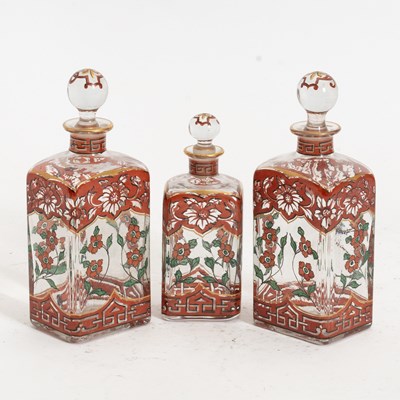Lot 334 - Set of Three Hand Painted Glass Decanters