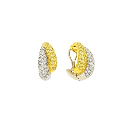 Lot 47 - Pair of Two-Color Gold, Colored Diamond and Diamond Hoop Earclips