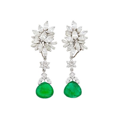Lot 45 - Pair of White Gold, Diamond and Emerald Bead Pendant-Earrings