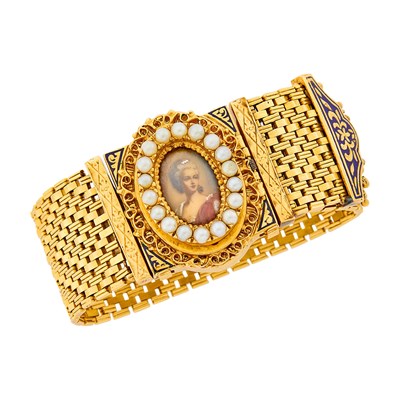Lot 79 - Gold, Cultured Pearl and Enamel Portrait Fringe Pendant-Brooch Bracelet-Watch