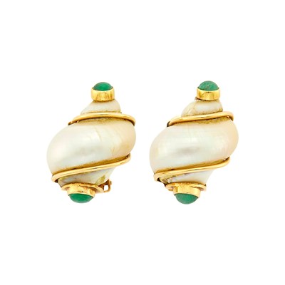 Lot 85 - Seaman Schepps Pair of Gold, Shell and Cabochon Emerald 'Turbo Shell' Earclips