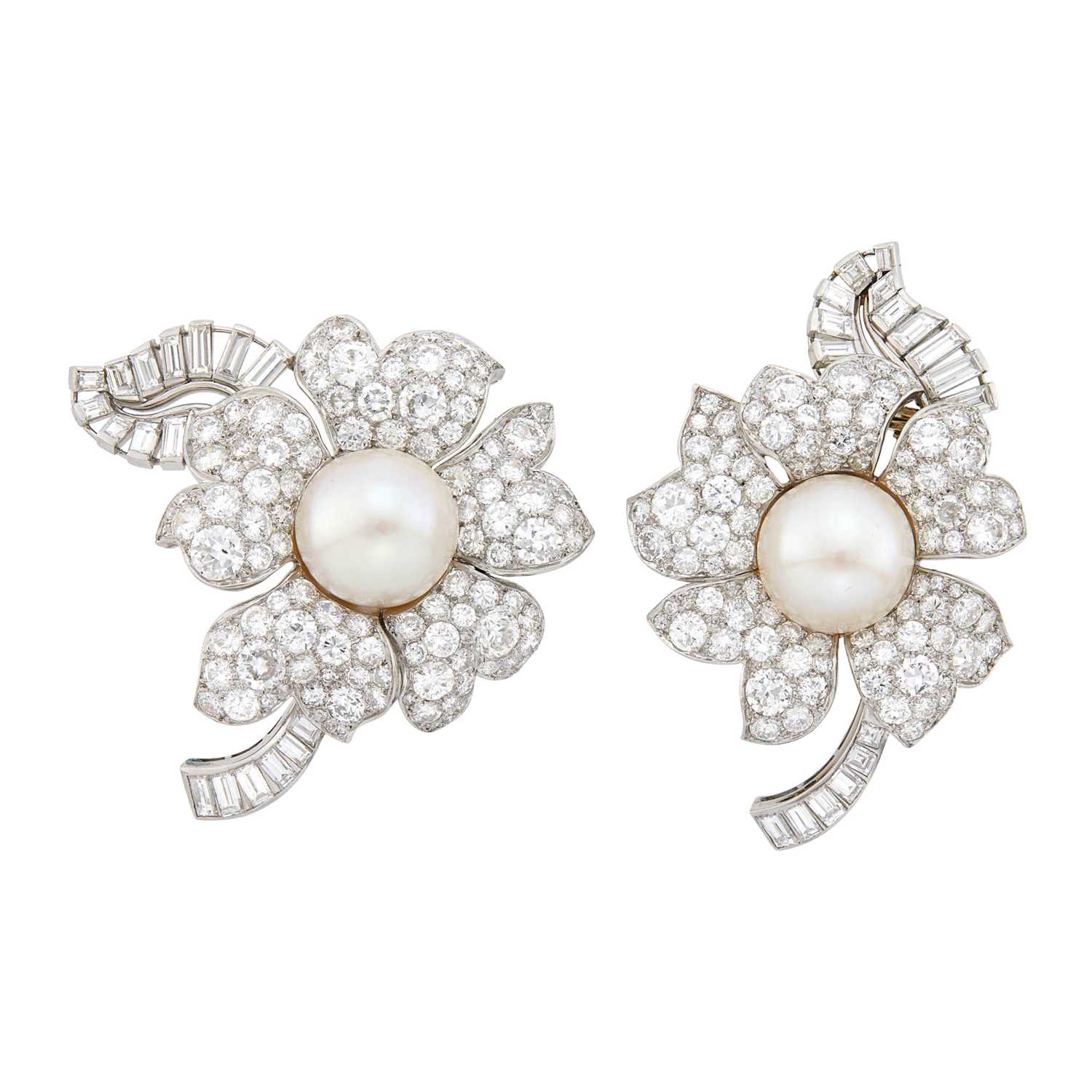 Lot 302 - Chaumet Pair of Platinum, Natural Saltwater and Freshwater Button Pearl and Diamond Flower Clip-Brooches, France